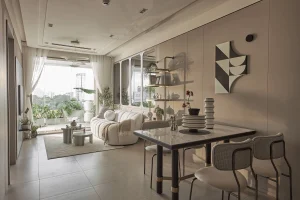 Căn hộ có diện tích 65 m2 được tối ưu diện tích với nhiều không gian như phòng khách có ban công kiểu Juliette (không nhô ra khỏi tòa nhà), hai phòng ngủ và WC, khu vực bếp, lô-gia rộng rãi.
