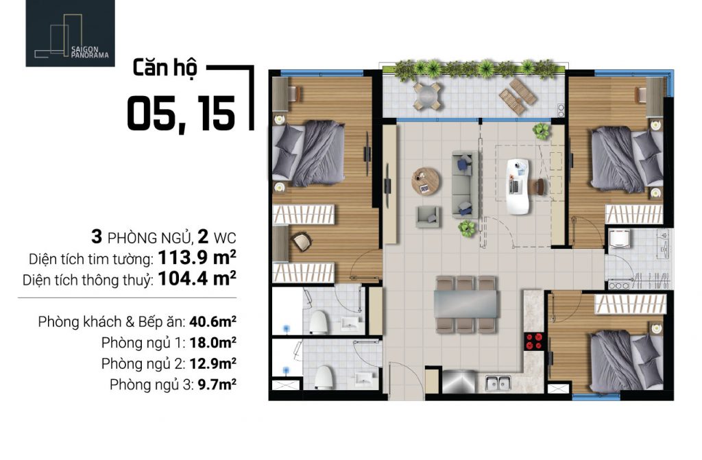 Thiết kế chi tiết căn hộ 3 phòng ngủ – 2wc diện tích 114m2 dự án River Panorama Quận 7