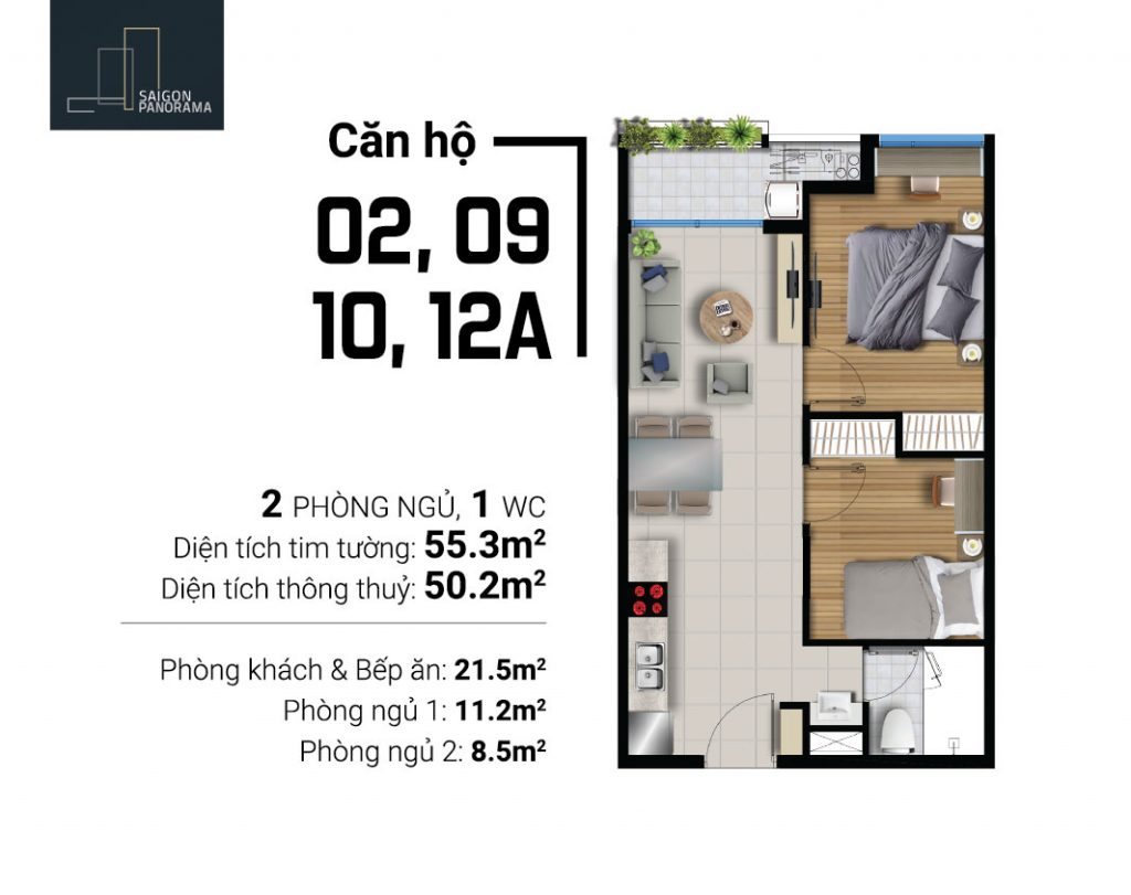 Thiết kế chi tiết căn hộ 2 phòng ngủ – 1wc diện tích 55,3m2 dự án River Panorama Quận 7