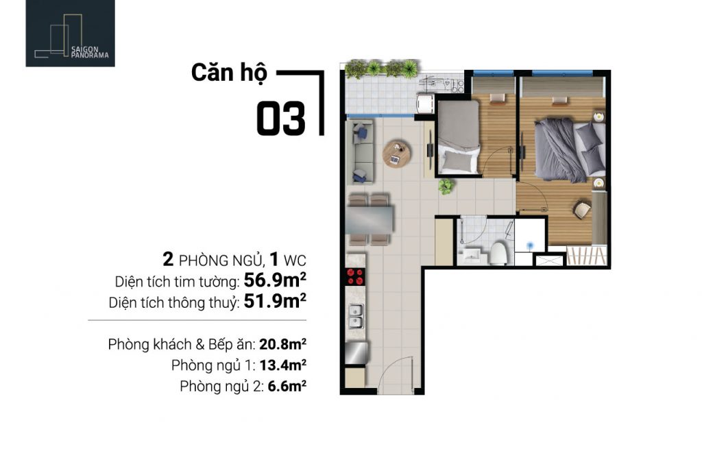 Thiết kế chi tiết căn hộ 2 phòng ngủ – 1wc diện tích 56,9m2 dự án River Panorama Quận 7