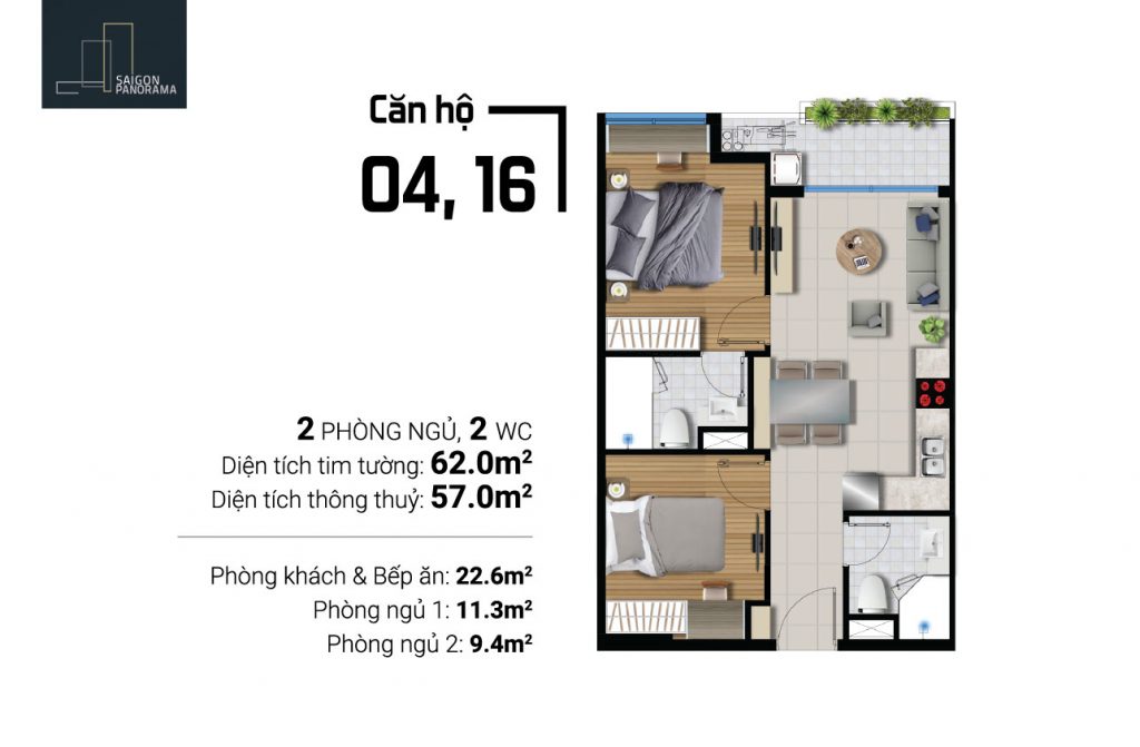 Thiết kế chi tiết căn hộ 2 phòng ngủ – 2wc diện tích 62m2 dự án River Panorama Quận 7
