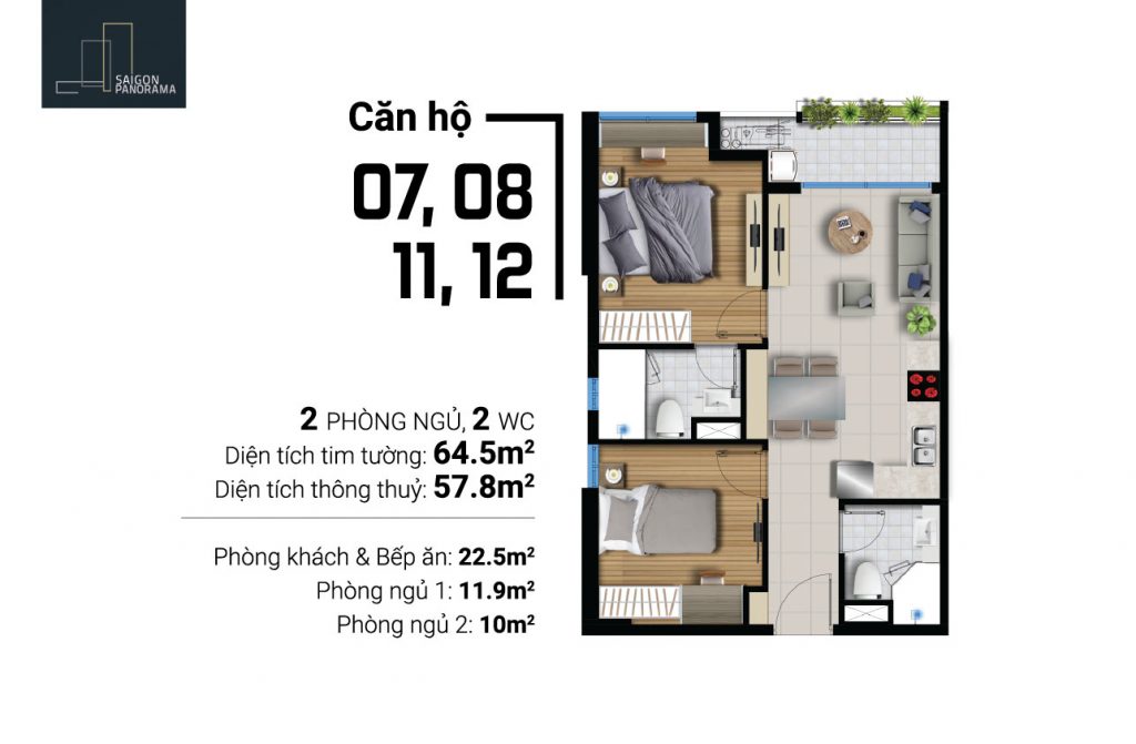 Thiết kế chi tiết căn hộ 2 phòng ngủ – 2wc diện tích 64.5m2 dự án River Panorama Quận 7