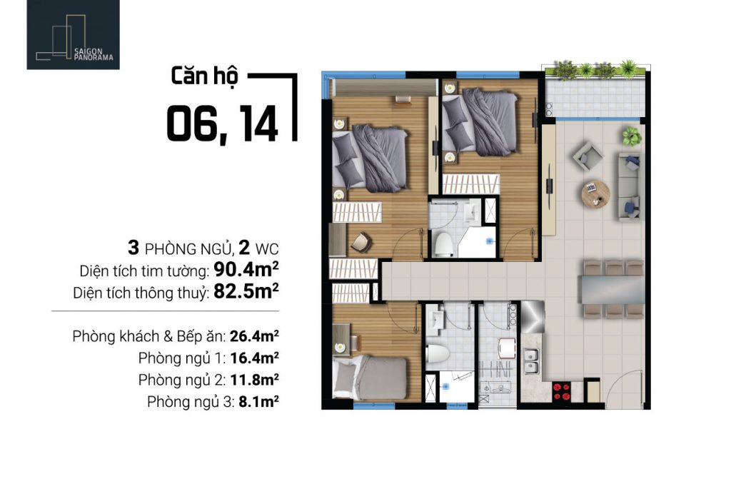 Thiết kế chi tiết căn hộ 3 phòng ngủ – 2wc diện tích 90,4m2 dự án River Panorama Quận 7